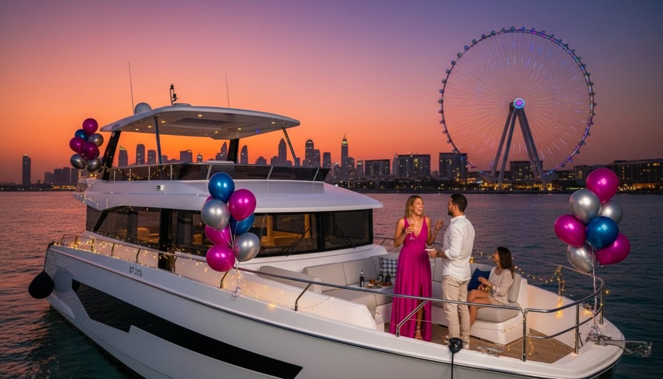 Celebration on a decorated yacht deck against the warm Dubai coastal sunset
