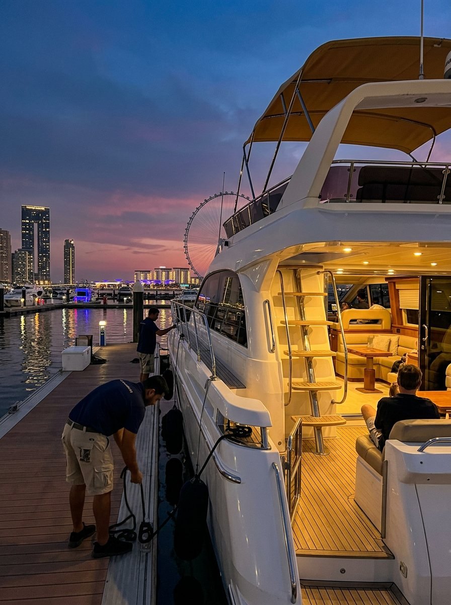 Crew members working on the sunny marina pier beside a berthed yacht