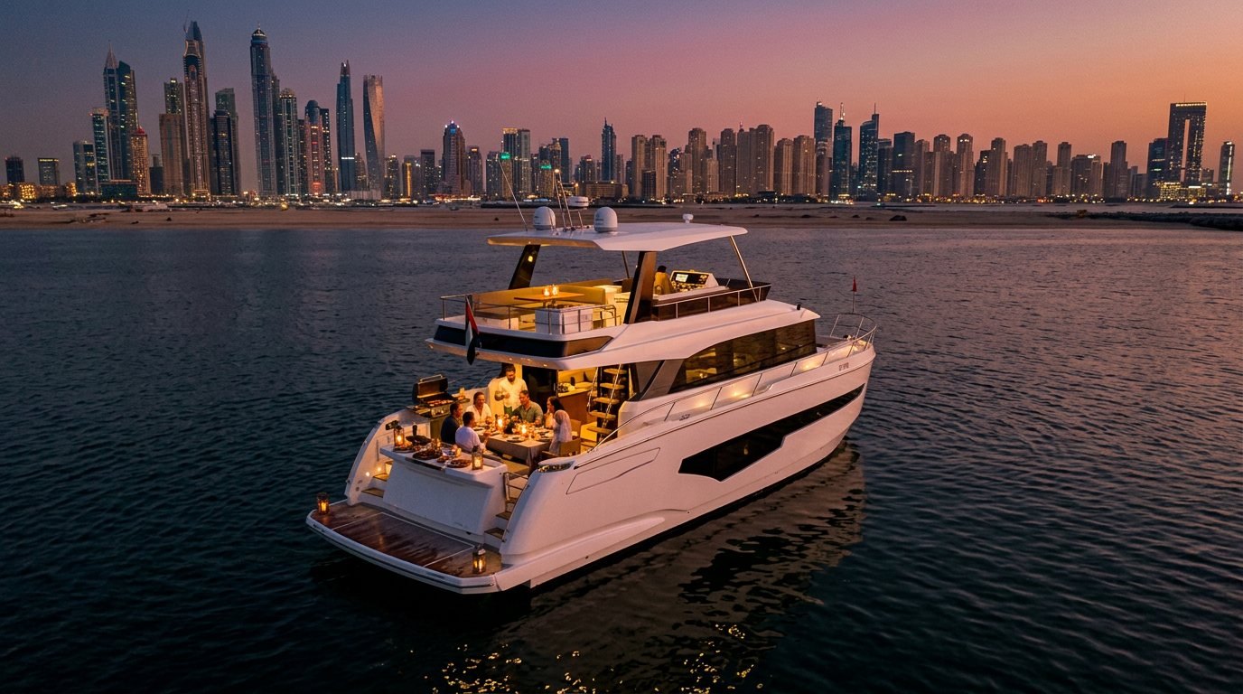 Elegant dinner table setup on a yacht deck overlooking illuminated Dubai Marina