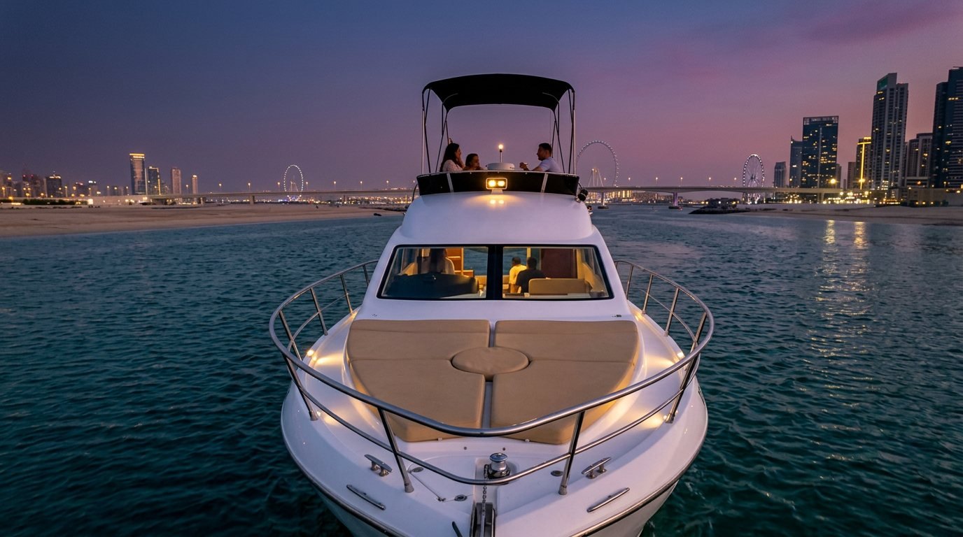 Evening view across a yacht deck toward prominent Dubai coastal landmarks