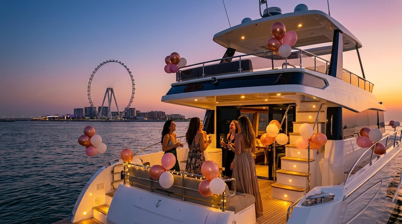 Friends celebrating with balloons on an outdoor yacht deck at sunset
