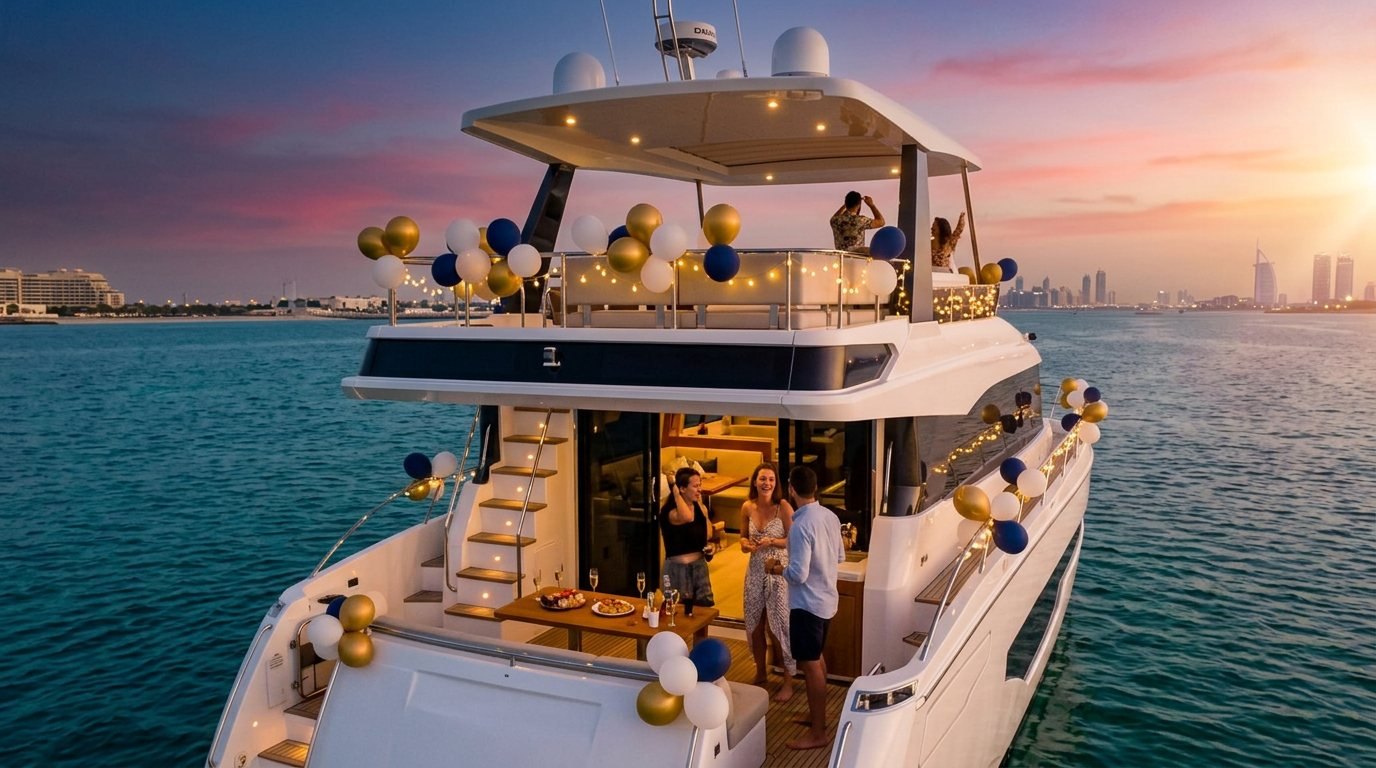 Guests enjoying an evening party on a balloon-decorated luxury yacht deck