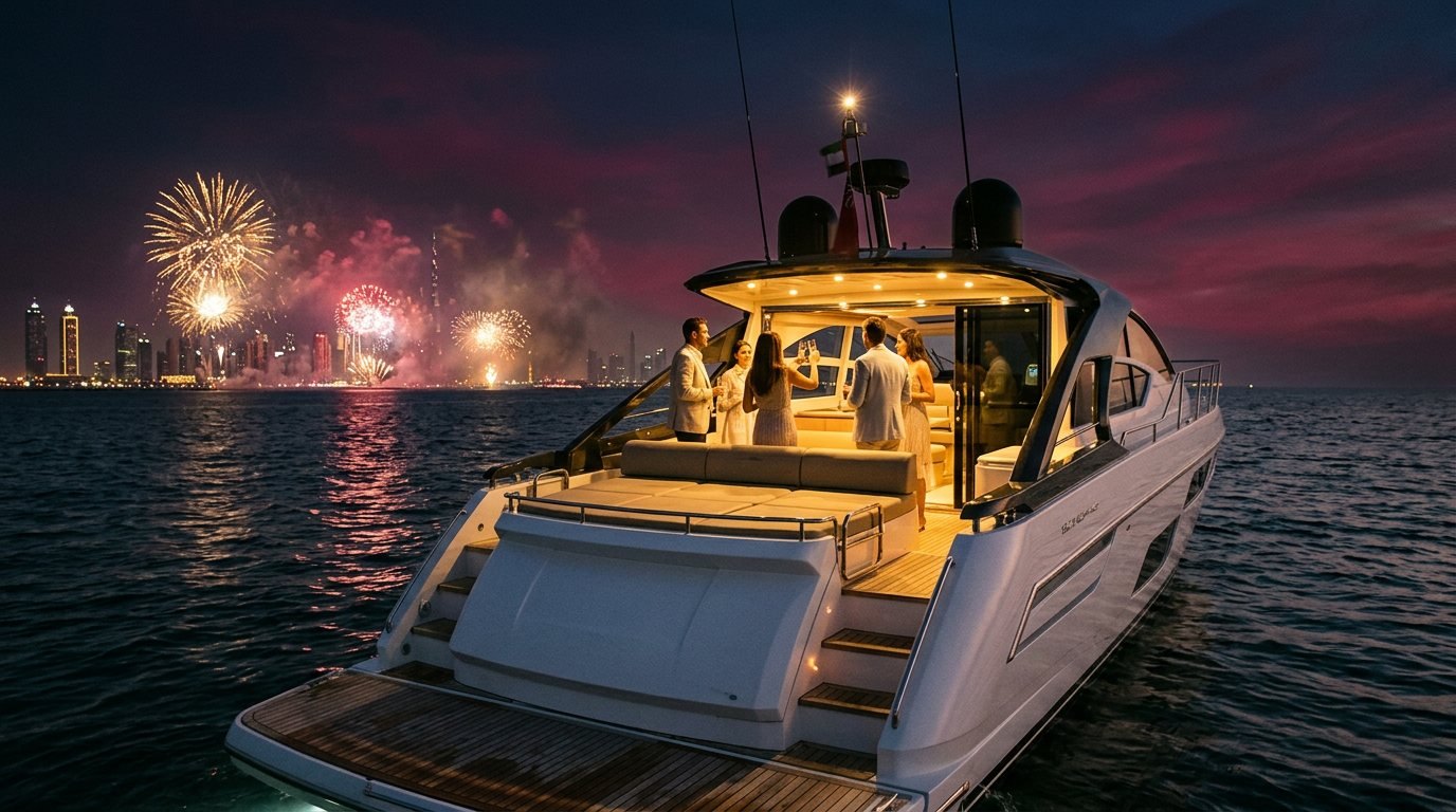 Guests watching night fireworks over Dubai from the deck of a yacht