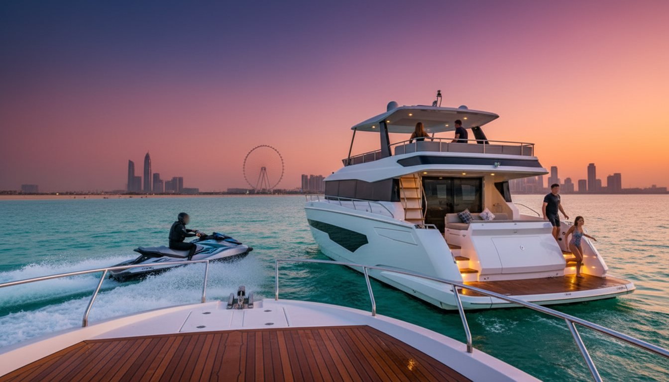 Jet ski riding beside a cruising motor yacht off the Dubai coast
