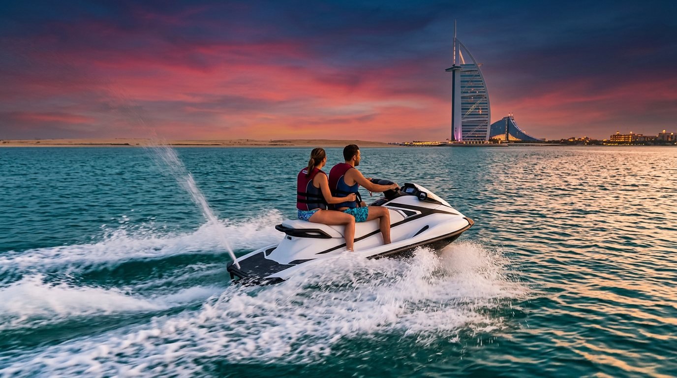 Jet ski speeding across turquoise waters with Burj Al Arab in the distance