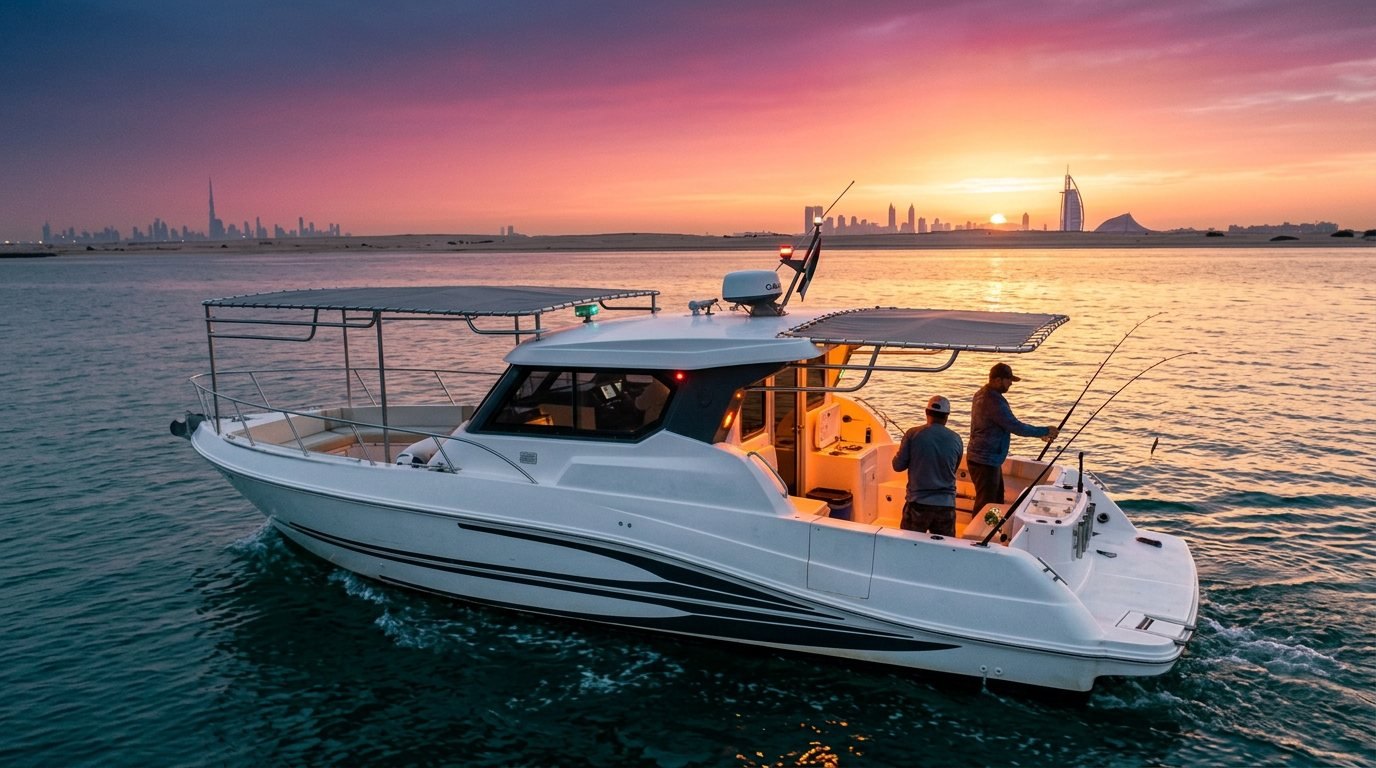 Two anglers holding fishing rods on a boat off the Dubai coast
