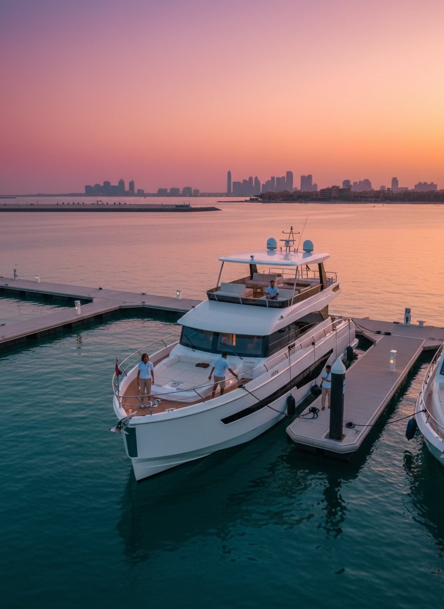 Uniformed yacht crew gathered on a quiet Dubai marina dock at dawn