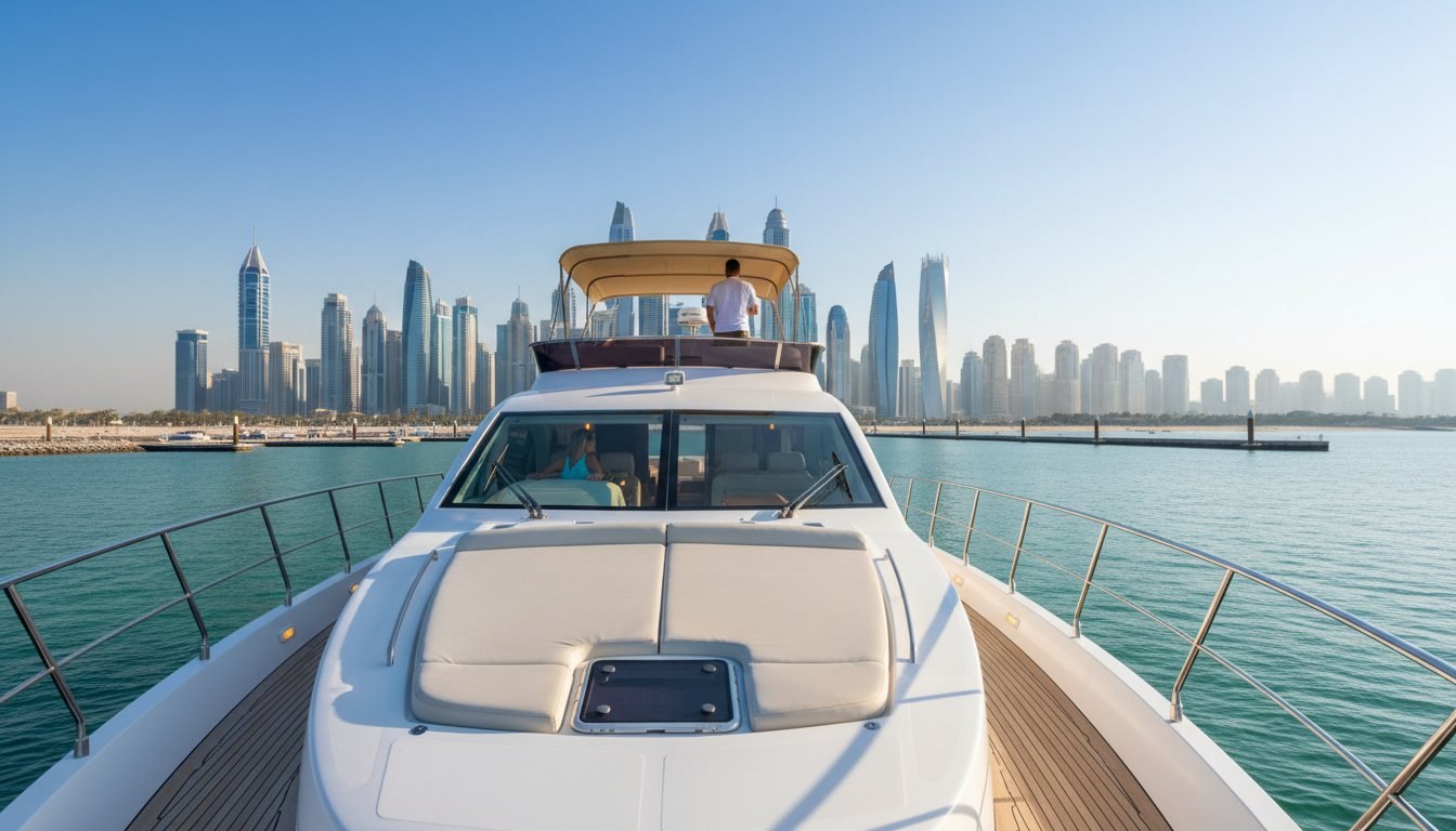 View from a yacht deck overlooking Dubai marina towers and berths