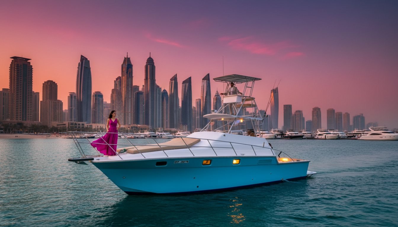 Waterfront skyscrapers and moored boats across a scenic Dubai marina harbour