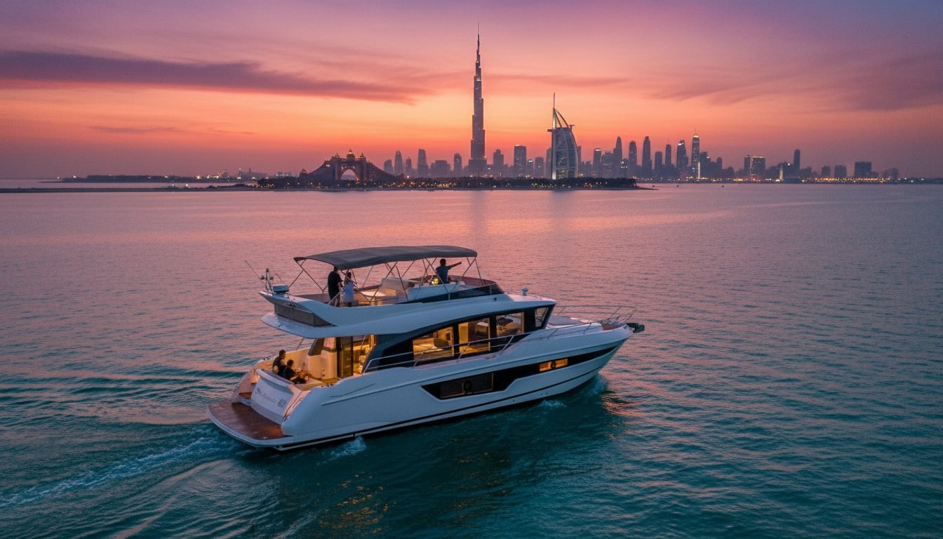White motor yacht cruising in the evening past famous Dubai landmarks