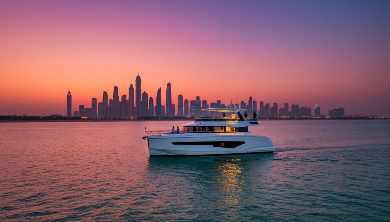 White motor yacht sailing on calm waters before the distant Dubai skyline