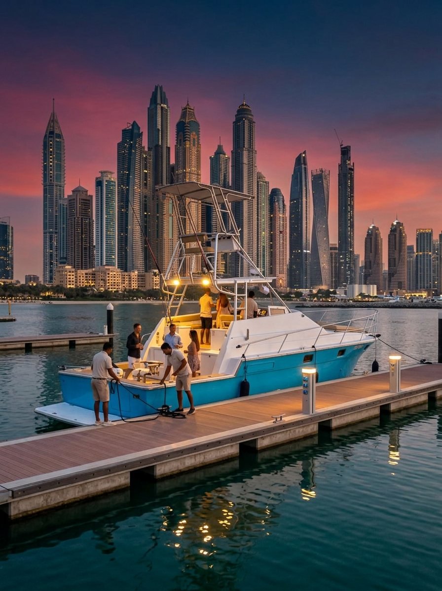 Yacht crew assembled on the pier in Dubai against warm evening skies